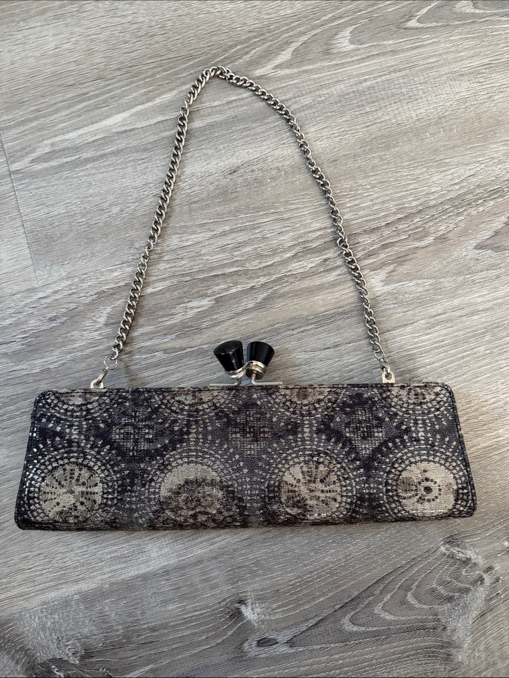 White House Black Market Black and Beige Lace-Effect Evening Clutch with Chain